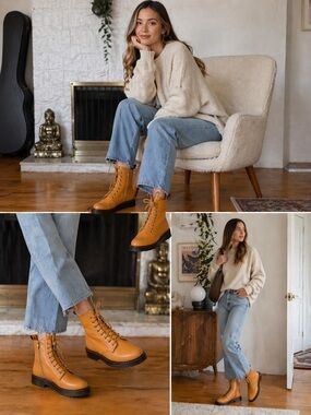 Tamara London Devon Leather Combat Boots – Mustard / Lace-Up / Ankle Zip